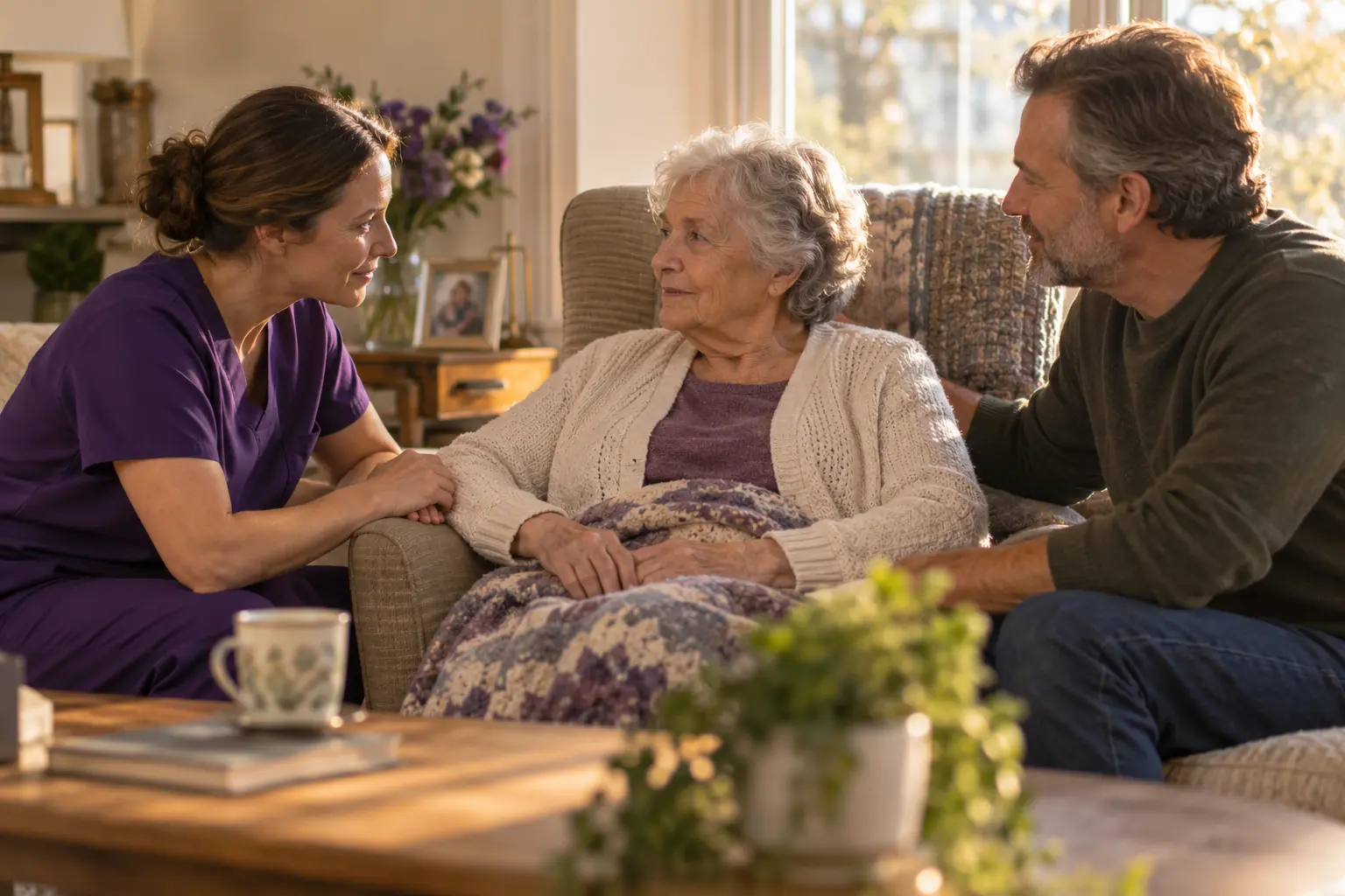 A hospice nurse supporting a patient and family member