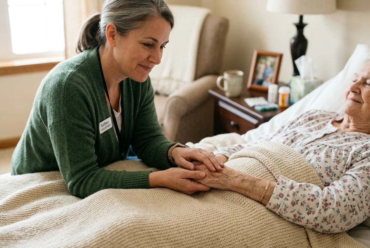 Compassionate bedside presence: hospice volunteer gently holding hands with a patient